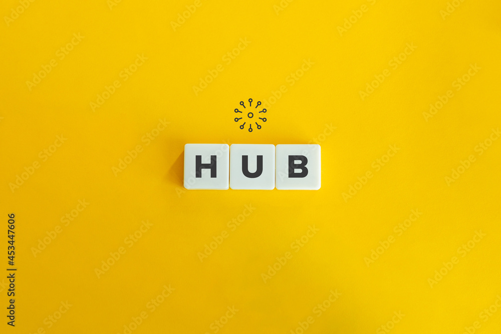 Hub banner and concept. Block letters on bright orange background. Minimal aesthetics.