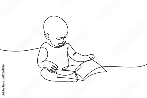 Baby with a book in continuous line art drawing style. Young child sitting and turning pages of a board book. Early reading. Black linear sketch isolated on white background. Vector illustration