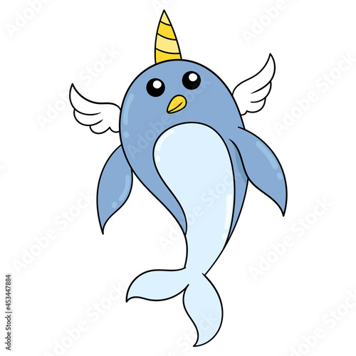 a whale with horns and wings that can fly into space, doodle icon image kawaii