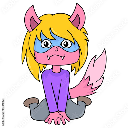 cute female cat monster sitting, doodle icon image kawaii