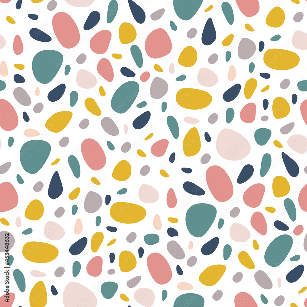 Abstract seamless pattern with colorful pebbles on white. Bright stone mosaic terazzo background Abstract seamless pattern with colorful pebbles on white. Bright stone mosaic terazzo background