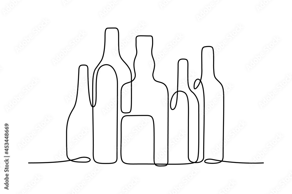 Bottles of different shapes in continuous line art drawing style