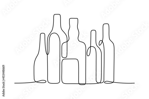 Bottles of different shapes in continuous line art drawing style. Alcoholic drinks collection. Liquor store, bar or pub establishment minimalist black linear sketch isolated on white background
