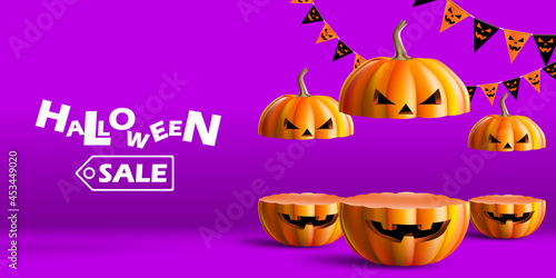 Halloween sale podium for product. Stand show and showcase with halloween concept. Stage With pumpkin for promo and discount
