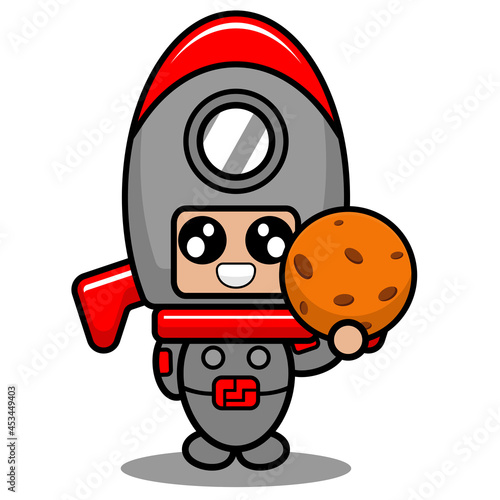 vector cartoon character cute space rocket mascot costume holding planet ball