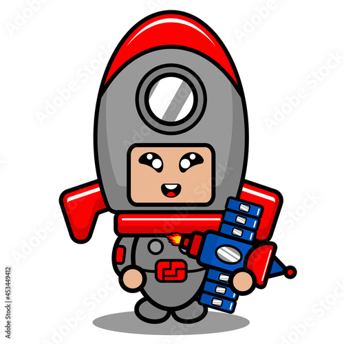cute space rocket mascot costume character cartoon vector holding satellite