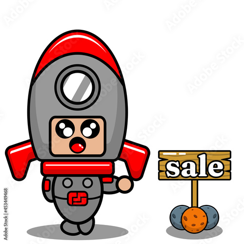 cute space rocket mascot costume character cartoon vector with sale board