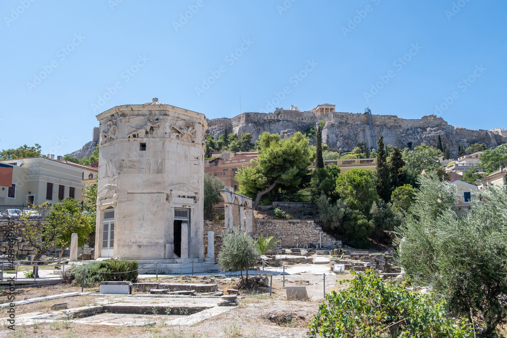 Athens, Greece. Tower of Winds or Aerides on Roman Agora, Ancient Greek ruins in the city center, Plaka district.
