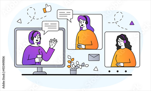 Webinar or Internet conference. Women in headphones communicate with each other via video link. Online training or remote work. Cartoon flat vector illustration isolated on a white background