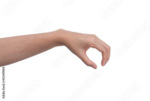 Woman hand keeping something isolated on white background