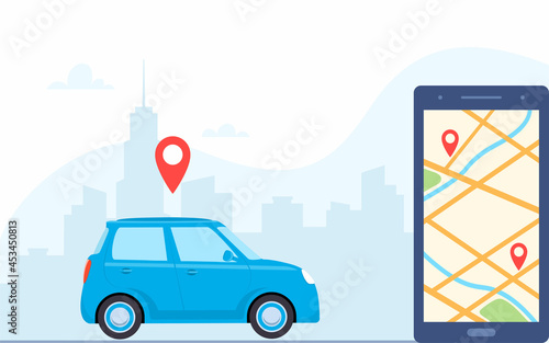 Smartphone with route and points location on city map on the urban landscape background. Online car sharing service with smartphone app. Phone with location marks and car. Vector concept illustration.