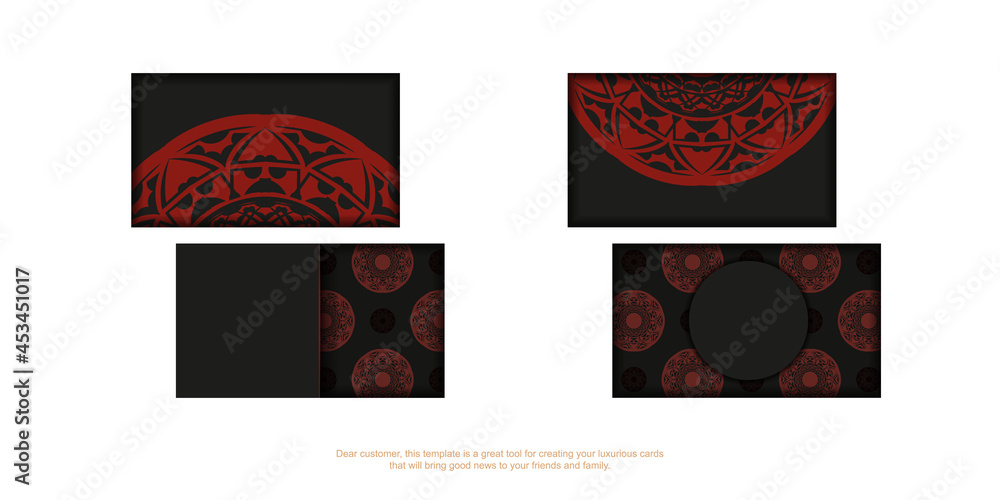 Vector Template for print design of business cards in black with red ornament. Preparing a business card with a place for your text and luxurious patterns.