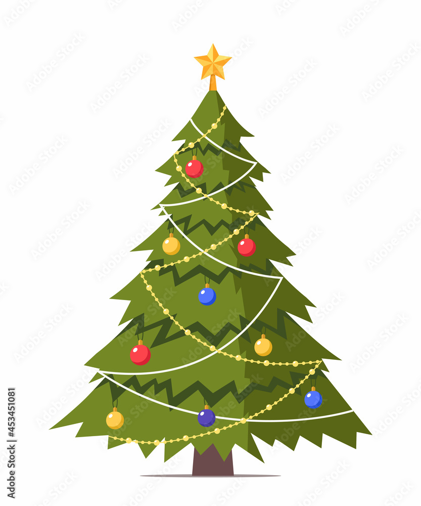 Christmas tree decorated with star star, decoration balls and light bulb chain. Flat style vector illustration isolated on white.