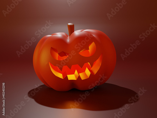 Halloween pumpkin with an angry face face on a dark 3 d cartoon illustration.