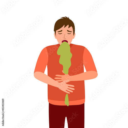 Man suffering from vomit in flat design. Nausea throwing up from food poisoning symptom or drunk.