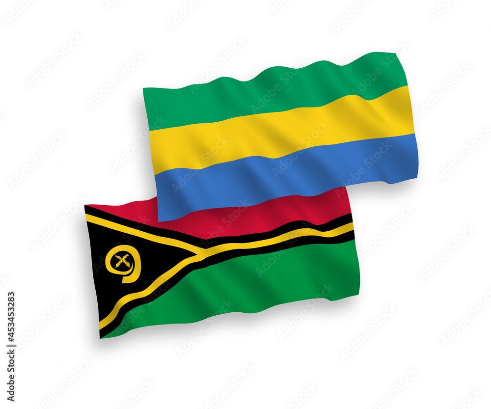 Obraz premium National vector fabric wave flags of Republic of Vanuatu and Gabon isolated on white background. 1 to 2 proportion.