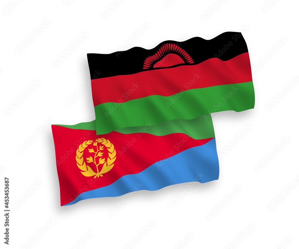 Naklejka premium National vector fabric wave flags of Eritrea and Malawi isolated on white background. 1 to 2 proportion.