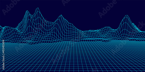 Vector mountain wireframe landscape. Technology polygonal terrain. Futuristic background.