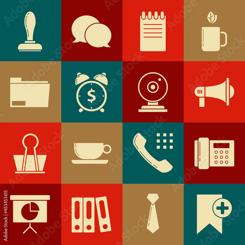 Set Bookmark, Telephone, Megaphone, Notebook, Alarm clock with dollar symbol, Document folder, Stamp and Web camera icon. Vector