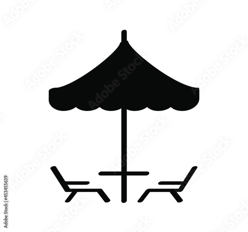 Cartoon deck chair or beach chair. Table under umbrella. Chaise longue garden chair pictogram. Flat vector icon or sign. Holiday, vacation and tourism, summer time symbol
