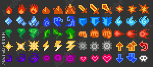 Pixel art vector game elemen and skill icon set (8bit-color)