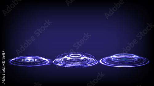 Sci-fi digital high-tech collection in glowing HUD elements interface. Hologram portal of science futuristic technology. Magic warp gate in game fantasy. Teleport podium. GUI, UI virtual reality users