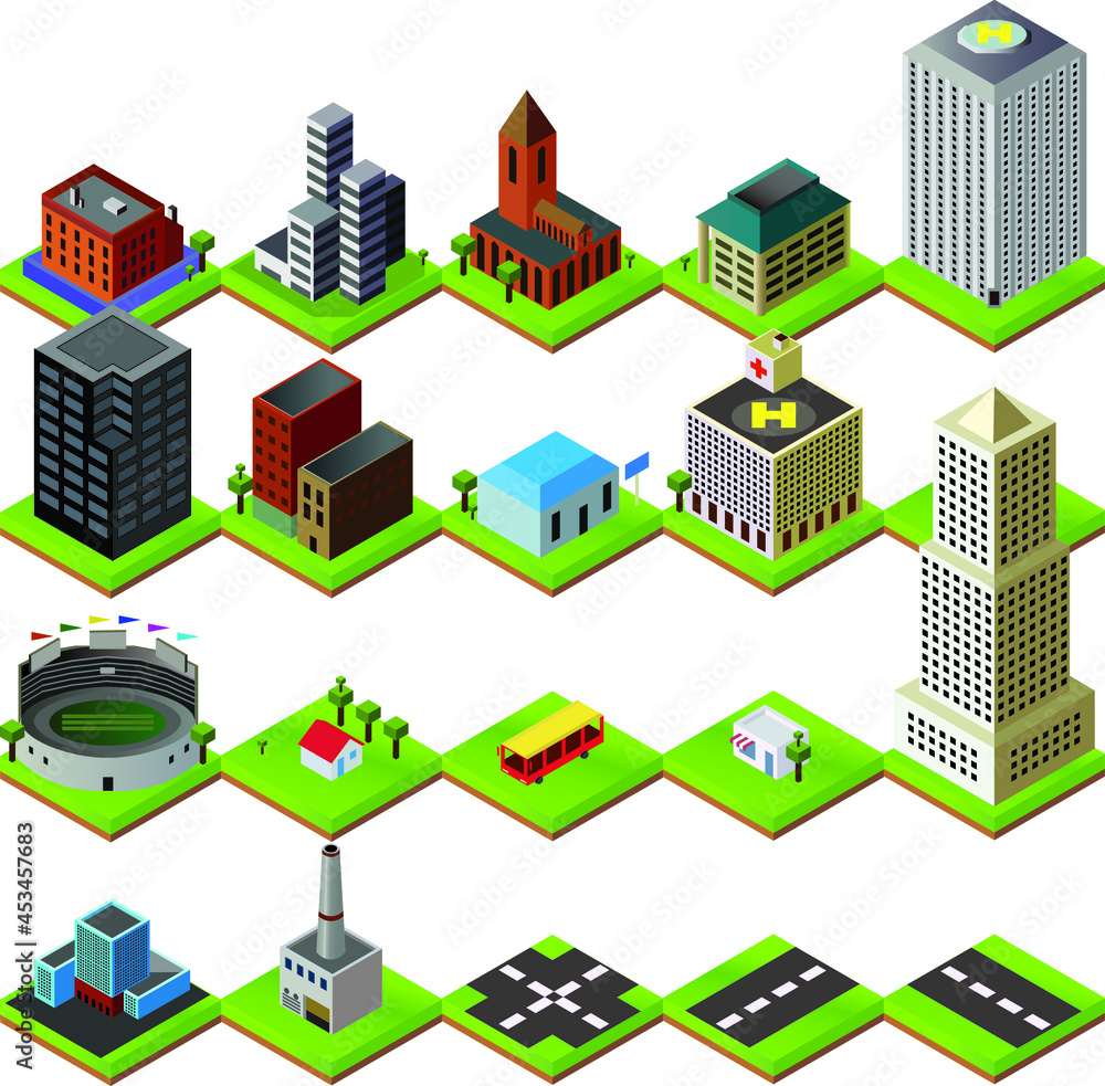Isometric city elements, set of buildings isolated on a white background. Vector illustration. retro strategy computer game concept. Isometric city elements, set of buildings isolated on a white background. Vector illustration. retro strategy computer game concept.