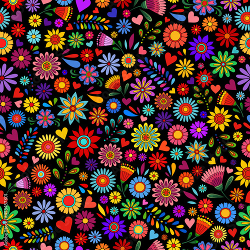 Flower pattern. Doodle flowers on dark backdrop. Colorful flower Day of the dead background. Floral ornament. Dia de los muertos print. Color botanical elements on black.