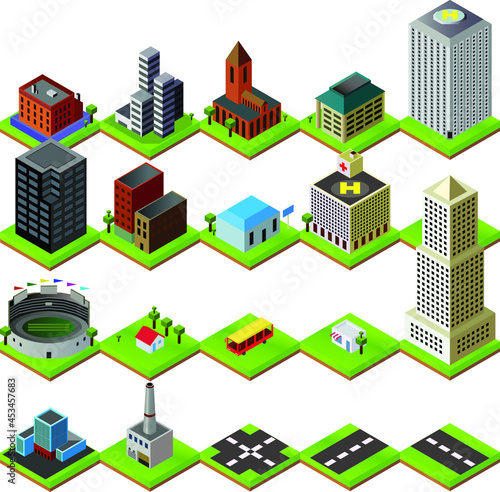 Isometric city elements, set of buildings isolated on a white background. Vector illustration. retro strategy computer game concept.