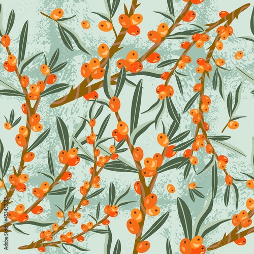 Vector seamless pattern of sea buckthorn tree branches. Ripe orange berries, sea buckthorn fruits. Design for printing on textiles, packaging, paper, wallpaper.