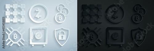 Set Safe, Cryptocurrency coin Bitcoin, CPU mining farm, Shield security with lock, Zcash ZEC and Blockchain technology icon. Vector