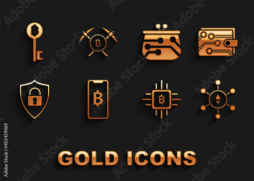 Set Phone mobile and cryptocurrency coin Bitcoin, Cryptocurrency wallet, Blockchain technology Ethereum ETH, CPU mining farm, Shield security with, key and Crossed pickaxe icon. Vector