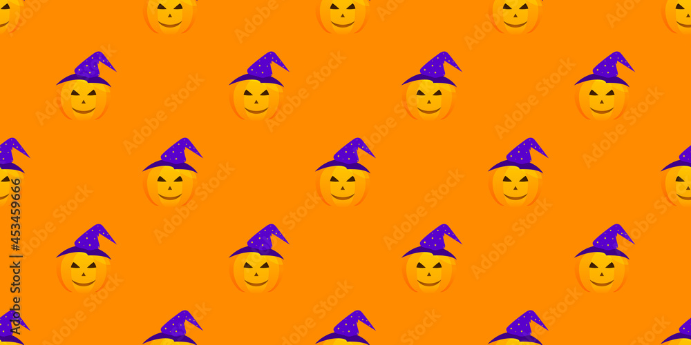 Halloween pumpkin seamless pattern. Festive pumpkin on orange background. Vector illustration for design, invitation, wrapping paper, banner, advertisement, promotion. Halloween concept.