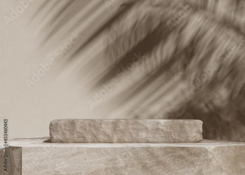 Fototapeta Naklejka Na Ścianę i Meble -  Beige pieces of stone wall, stone slabs for product display background.