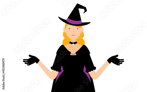 ハロウィンの仮装、魔女姿の女性が両腕を広げるポーズ