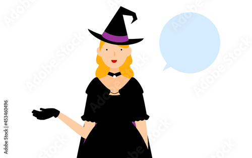 Obraz na plátně ハロウィンの仮装、魔女姿の女性が右手を出して話しているポーズ（吹き出しつき）