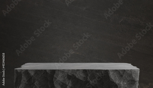 Black stone podium. Stone wall, stone slab for product display background. 3d