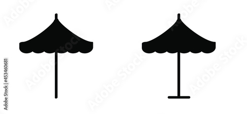 Cartoon sun, beach umbrella. Parasol with base. Flat vector umbrellas icon or sign. Parasols  pictogram. Flat vector icon or sign. Holiday, vacation and tourism, summer time symbol.