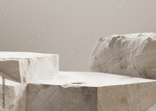 Beige pieces of stone wall. Stone slabs for product display background. 3d rendering
