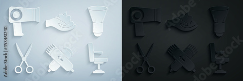 Set Crossed electrical hair clipper or shaver, Shaving brush, Scissors hairdresser, Barbershop chair, gel foam on hand and Hair dryer icon. Vector
