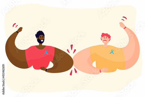 Friends of different nationalities with mustache and blue ribbon about prostate cancer. Vector illustration
