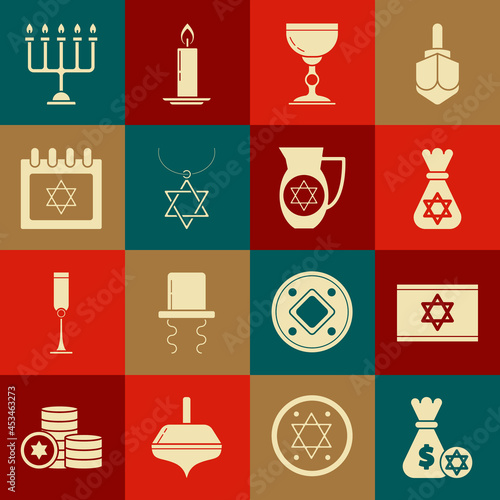 Set Jewish money bag with star of david and coin, Flag Israel, goblet, Star David necklace chain, calendar, Hanukkah menorah and Decanter icon. Vector