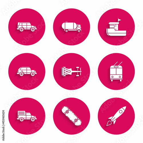 Set Formula race car, Skateboard, Rocket ship with fire, Trolleybus, Delivery cargo truck vehicle, Hatchback, Fishing boat and Off road icon. Vector