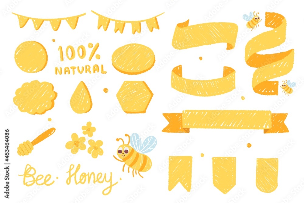 Honey hand drawn decorative frame set with bee yellow Honey hand drawn decorative frame set with bee yellow