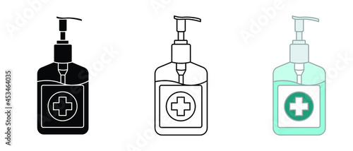 Antiseptic pump bottle for disinfection, cleaning, and hygiene your hands. Washing gel in bottle for medical. Hand sanitizer pump bottle icon. Vector illustration. Design on white background. EPS 10.