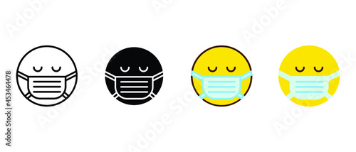 Sick emoticon with medical or surgical mask for online chat in comment reaction. Round face with medical mask cartoon bubble emoticons icon. Vector illusration. Design on white background. EPS 10.