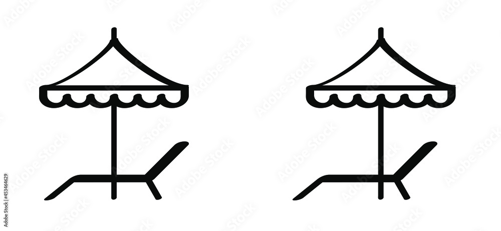 Cartoon deck chair or beach chair. Table under umbrella. Chaise longue garden chair pictogram. Flat vector icon or sign. Holiday, vacation and tourism, summer time symbol Cartoon deck chair or beach chair. Table under umbrella. Chaise longue garden chair pictogram. Flat vector icon or sign. Holiday, vacation and tourism, summer time symbol