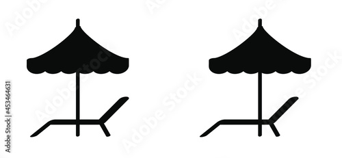 Cartoon deck chair or beach chair. Table under umbrella. Chaise longue garden chair pictogram. Flat vector icon or sign. Holiday, vacation and tourism, summer time symbol