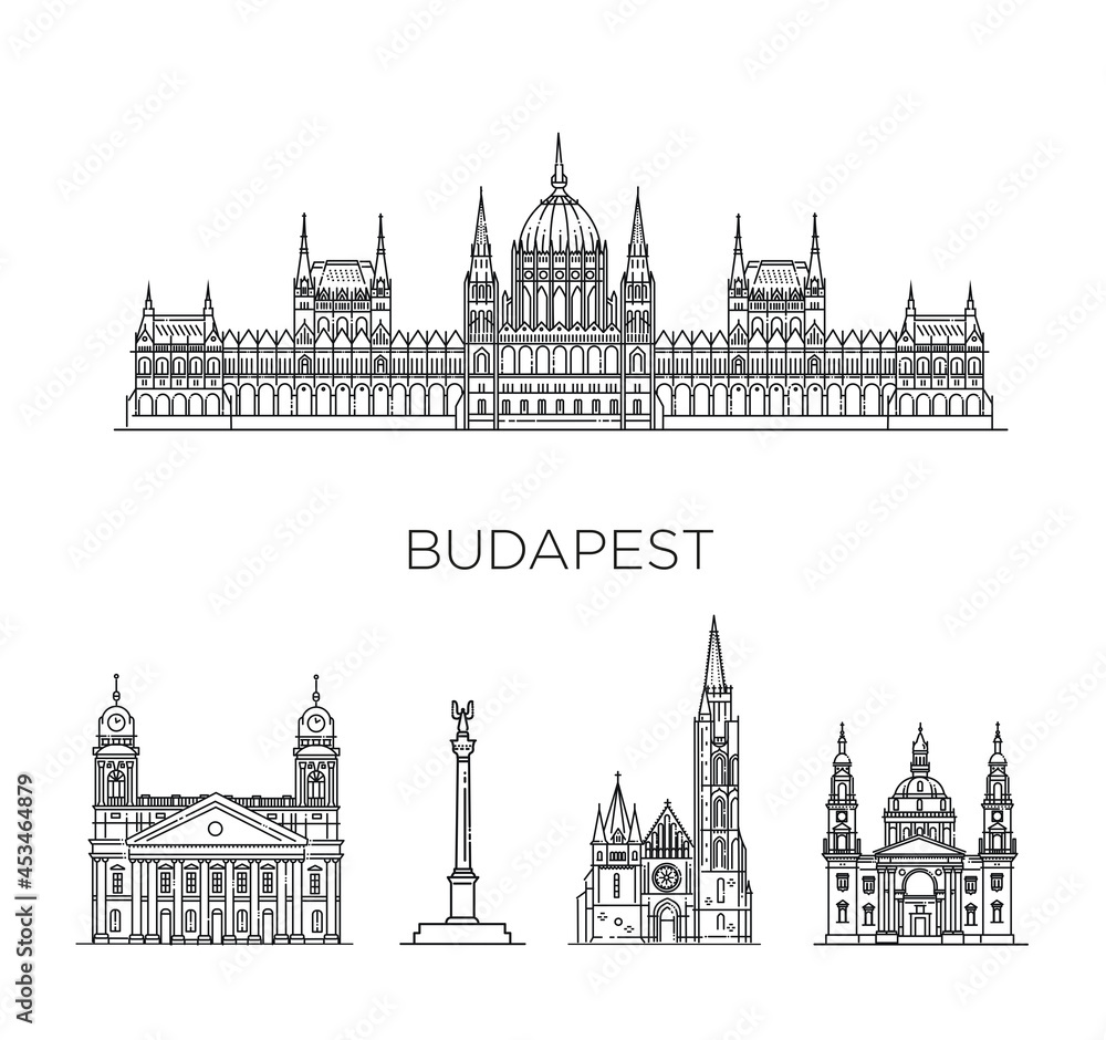 Obraz premium Budapest, Hungary, architecture line skyline illustration. famous landmarks