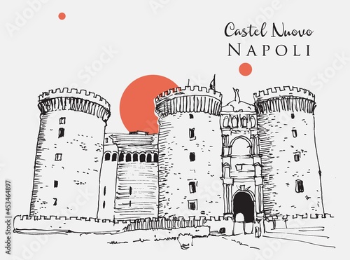 Drawing sketch illustration of Castel Nuovo in naples, Italy